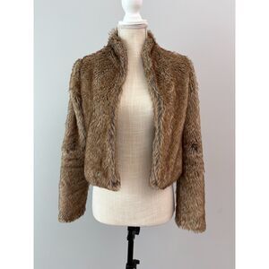Y2K Hollister Faux Fur Cropped Jacket Coat Brown Shaggy Open Front XS Mob Wife